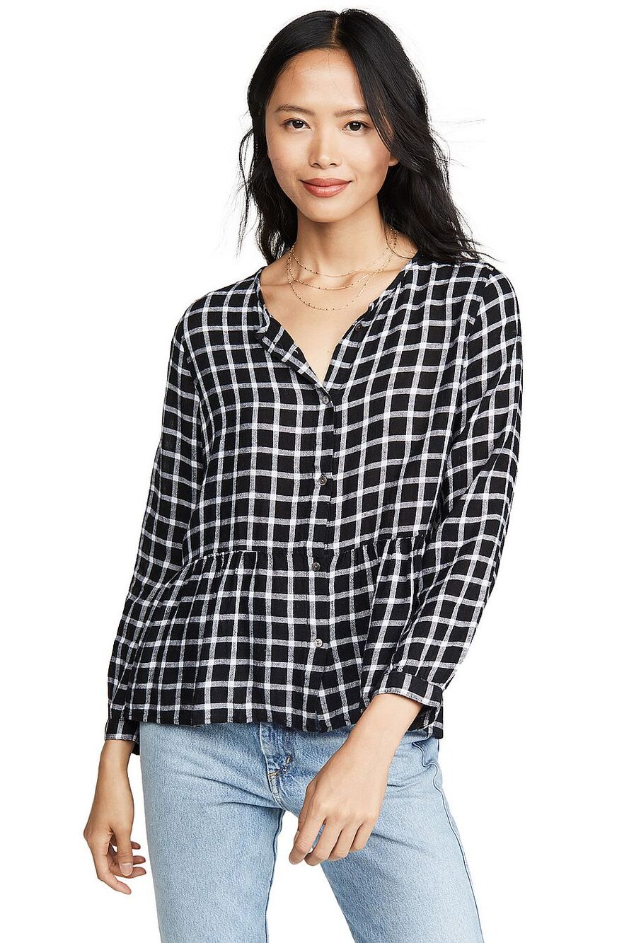 Rails Celeste Onyx Plaid White Check Linen Blouse